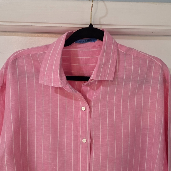 Women's J. McLaughlin Britt Linen Pink With White Pin Stripes Blouse, Size L - Picture 4 of 13